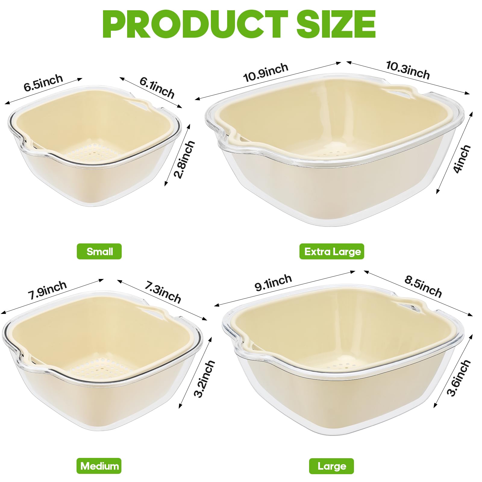 Juego de 4 coladores de cocina, 8 piezas 2 en 1 de plástico, cesta de lavado de frutas, verduras, gran cubeta de drenaje de doble capa sin BPA, bayas, ensaladas, colador de alimentos de pasta