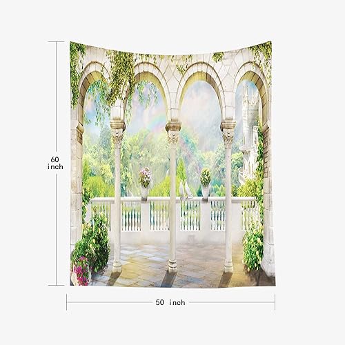 Miniatura 2 de Jesmacti Tapiz de paisaje, tapiz floral, vista del bosque y arco iris, castillo de pureza, terraza, tapiz colgante de 50 x 60 pulgadas para