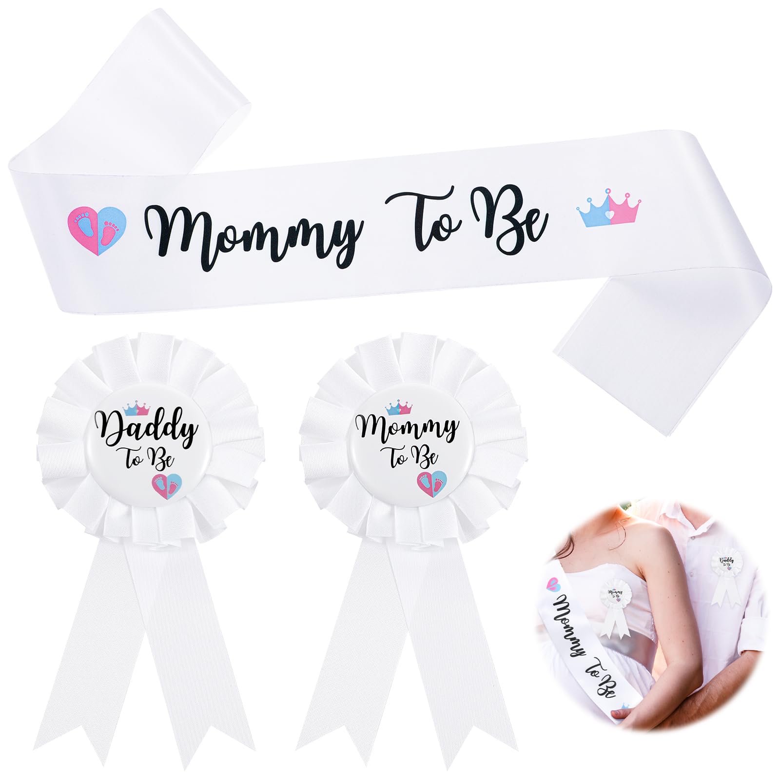Gjinxi 3Pcs Gender Reveal Decorations Sash and Tinplate Badge Mommy to Be and Daddy to Be Baby Shower, Mommy Sash and Daddy to Be Tinplate Badge