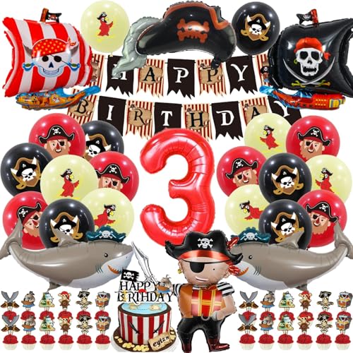 Pirate Theme Birthday Decorations, Party Decorations, Birthday Party Supplies, 38 Pieces with Banner, Balloons, Cupcake Toppers, Ship and Shark Foil Balloons (3 year old)