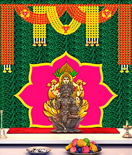 Image of SATVIK 8x5ft. Fabric Backdrop for Pooja Pujan Decor Lakshmi /Laxmi Idol Marigold Garland Print Indian Festive Puja Cloth Mehndi Haldi Flower Curtain Wedding Anniversary Bridal Baby Shower Wall Banner