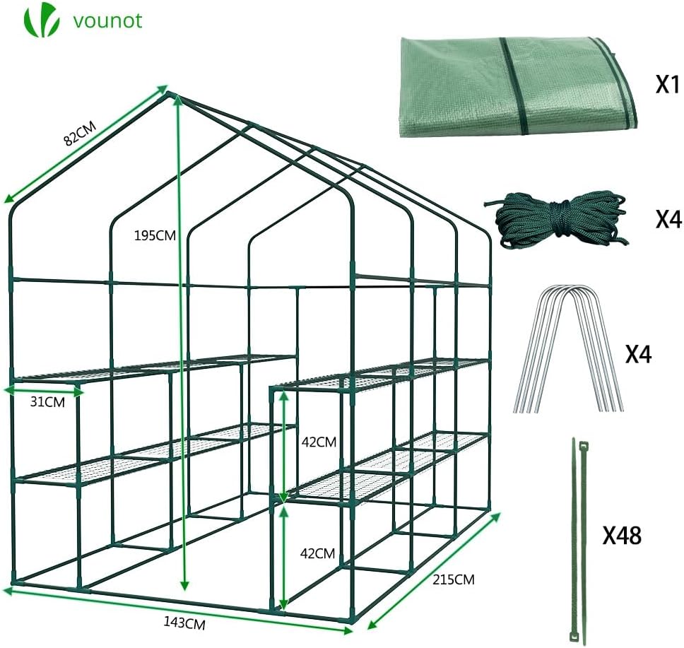 Assembly diagram showing greenhouse frame dimensions and components