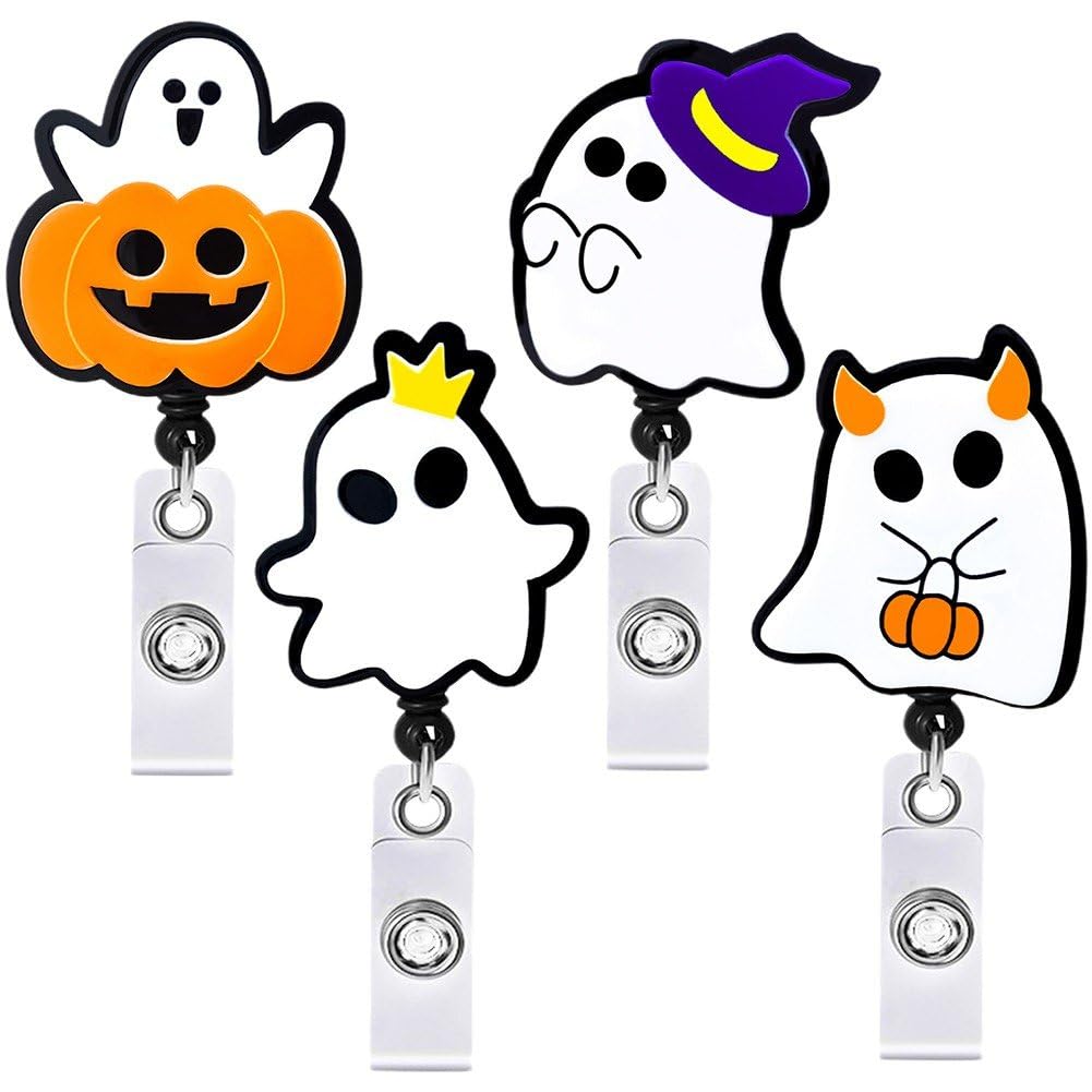 Fituenly Halloween Badge Reels, 4pcs Halloween Pumpkin Ghost Badge Holder, Retractable Nurse Badge Holder, Id Name Badge Holder for Students Nurses Teachers Office