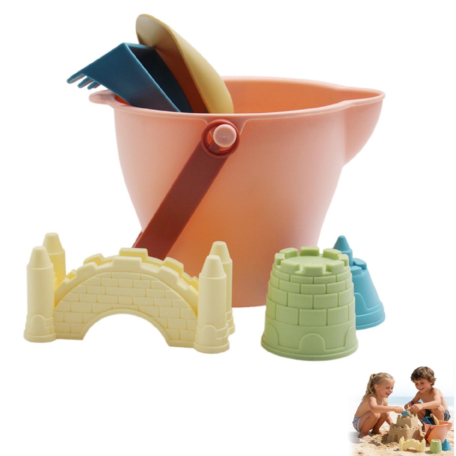 Beach Sand Toys with Handy Sand Pail Shovel Rake and Sand Sieve Practical Beach Bucket Spade Set Perfect Outdoor Toy for Seaside Trip Backyard Sand Play Family Summer Activities (Pink, One Size)