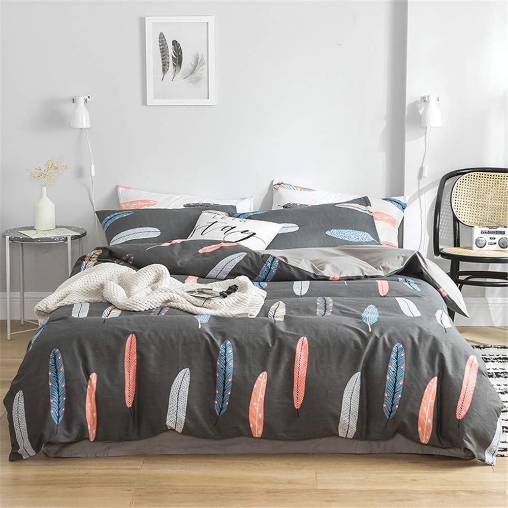Feather Twin Comforter Cover Black Boys Twin Bedding Sets Premium Cotton Kids Twin Size Duvet Cover with 2 Pillow Shams Colorful Teens Bedding Sets for Girls Super Soft Quilt Cover Grey, No Comforter