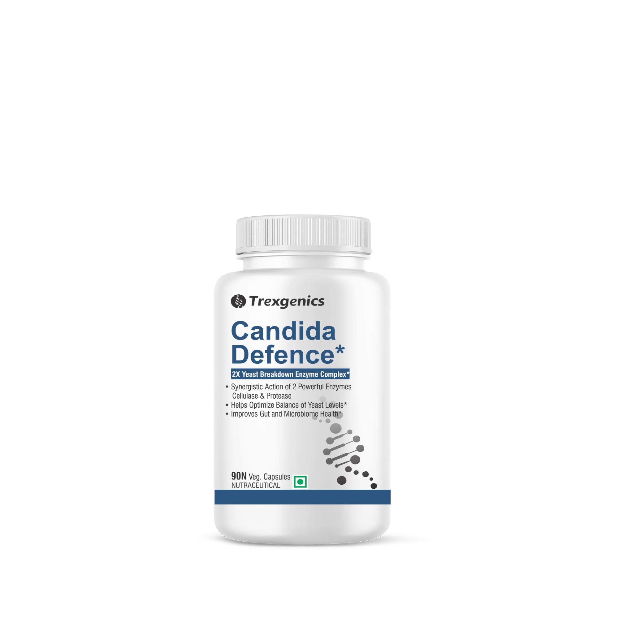 Trexgenics CANDIDA DEFENCE, Synergistic Action 2X Yeast Breakdown Complex Cellulase and Protease (90 Veg. Capsules) (Pack of 1)