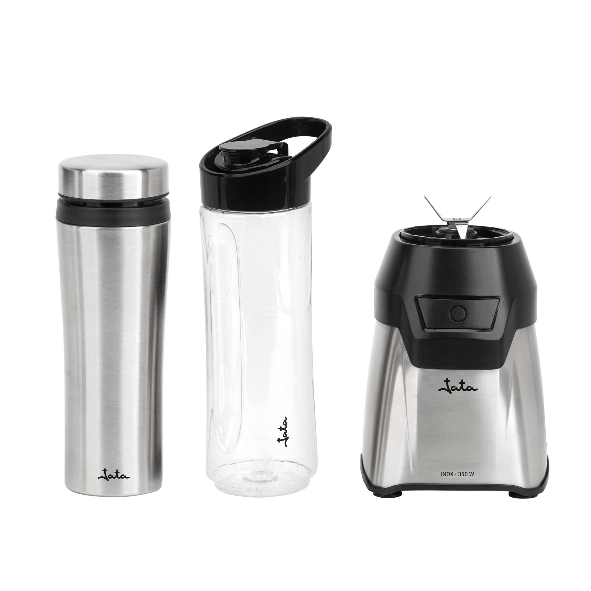 JATA JEBT1011 - Batidora de Vaso Individual 350 W, con 2 Botellas: Botella Deportiva Tritan 600 ml y Botella Termo Inox 435 ml, 4 Cuchillas Extraíbles, para Smoothies y Batidos, sin BPA