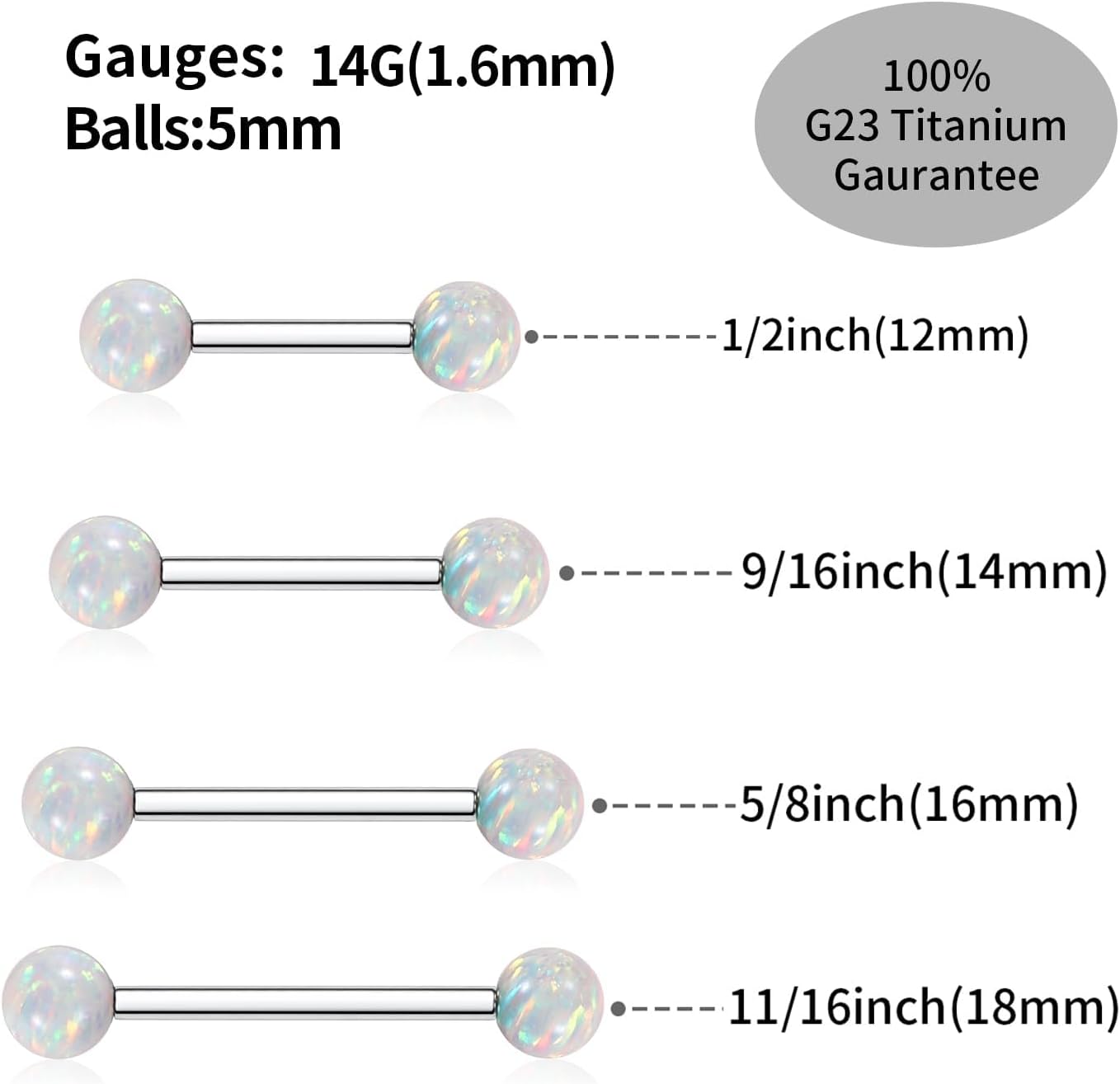 PEAKLINK 14G Titanium Nipple Rings & Barbell - CZ Opal Bridge Piercing Jewelry - Straight Internally Threaded - 12-18mm