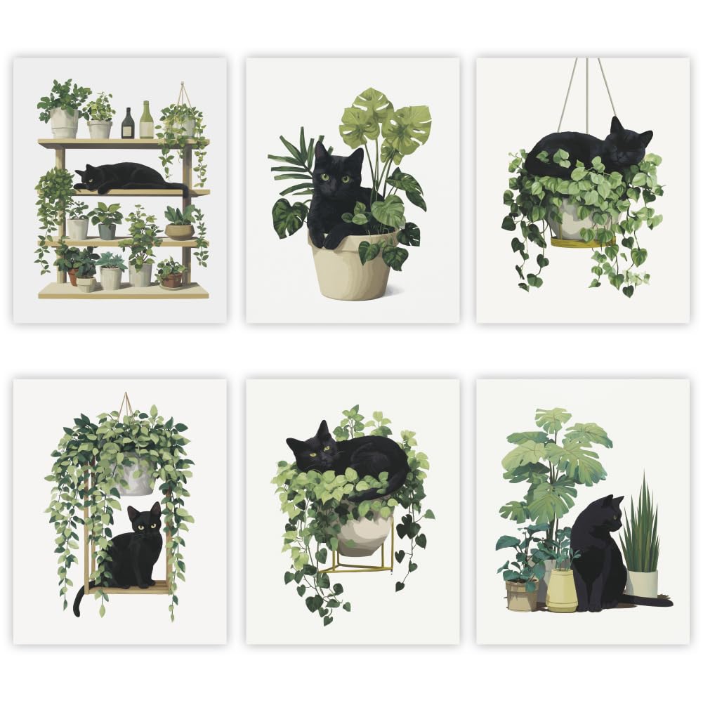 GOMAKERER 6 Pcs Cute Black Cat Botanical Wall Art Prints