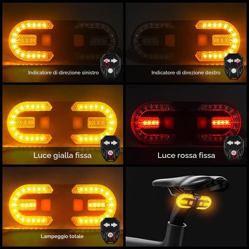 Fanale Posteriore per Bici con Indicatori di Direzione - Luci Posteriori per Bicicletta Divise con Telecomando Senza Fili per Ciclismo Luci Stroboscopiche di Sicurezza Posteriori Ricaricabili