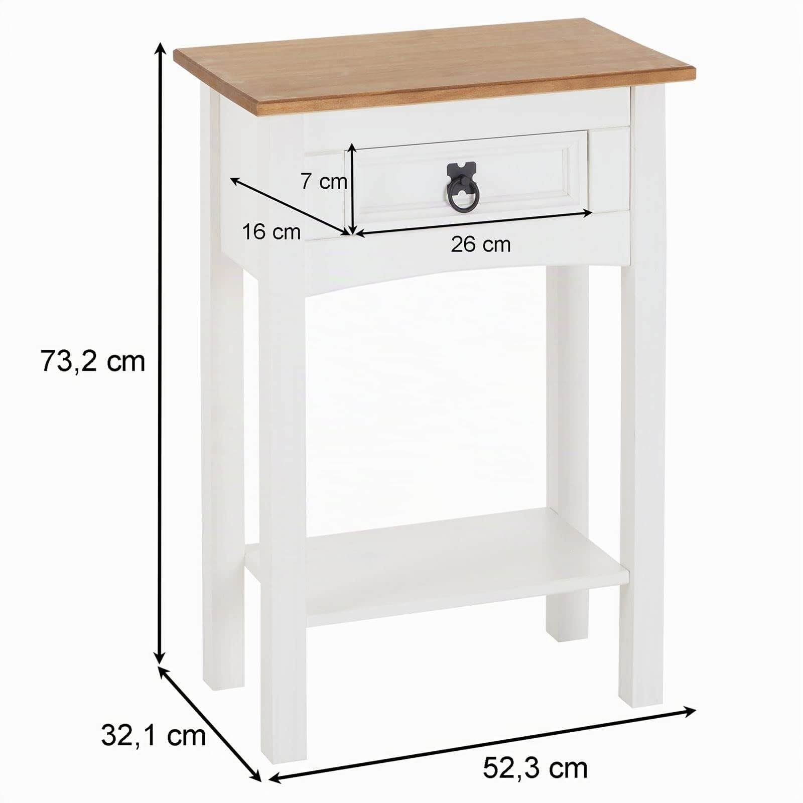 CARO-Möbel Konsolentisch Campo im Mexiko Stil, Kleiner Beistelltisch aus massiver Kiefer mit 1 Schublade, Anrichte in weiß/braun