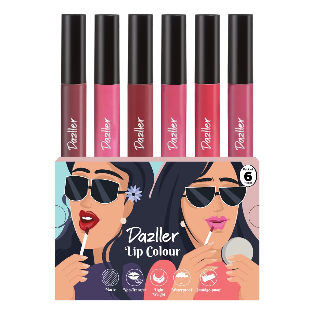 Dazller Lip Colour Lipstick Combo Pack of 6|Vibrant Matte Liquid Lipstick for Women|Long Stay|Smudge-Proof|Non-Transfer|Pink Punch|21.6g