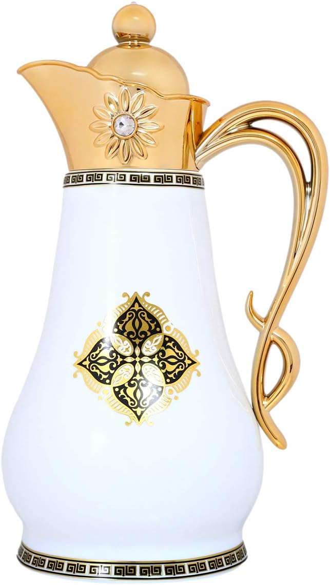 Shallow Bone China Arabic Dallah Force Flask 1 Liter - TF-F1-025, White and Gold