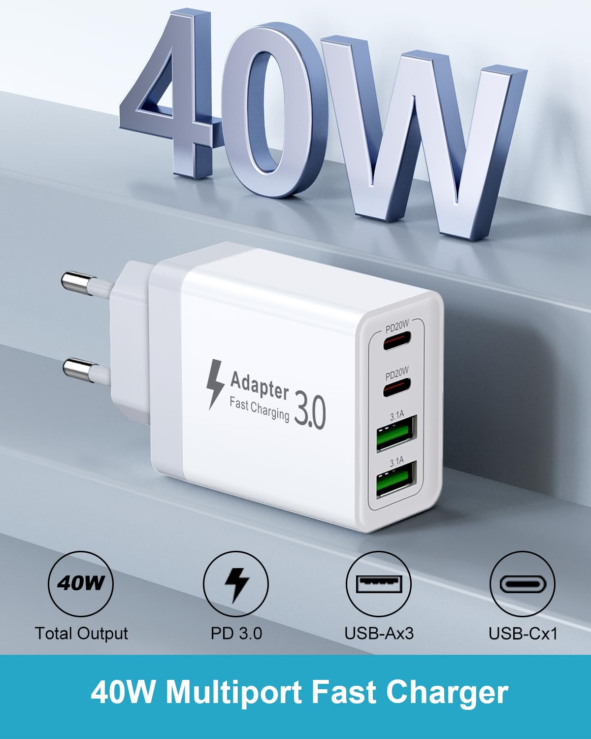 Cargador USB C 40W, 4-Puertos Enchufe Tipo C Rapido PD+QC 3.0