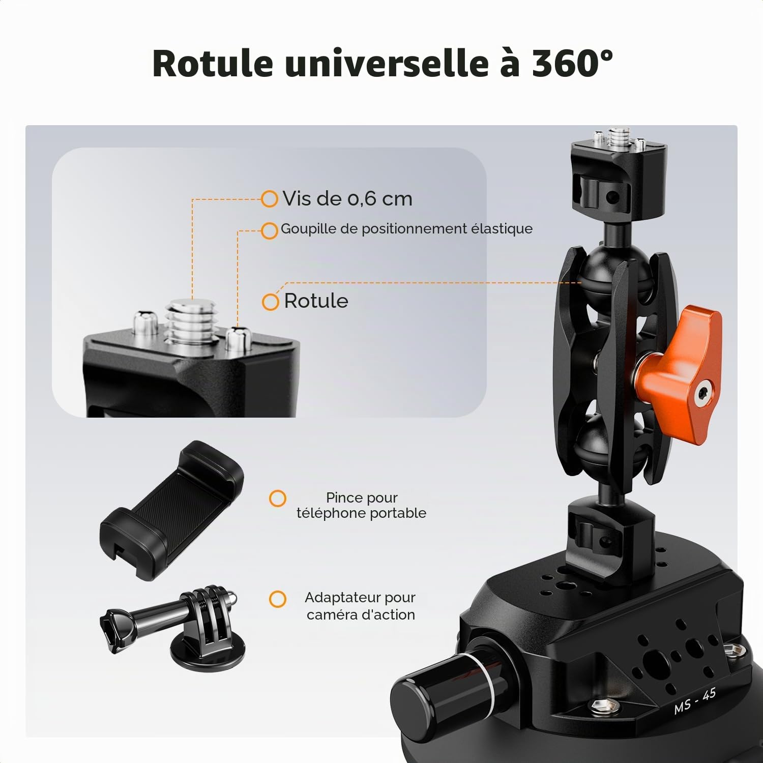 K&F CONCEPT Support à Ventouse 4,5″ (115 mm) avec Bras Magique Double Rotule, Pince Téléphone & Adaptateur GoPro – Fixation Caméra/Smartphone 1/4″ & 3/8″ pour Pare-Brise et Surface Lisse