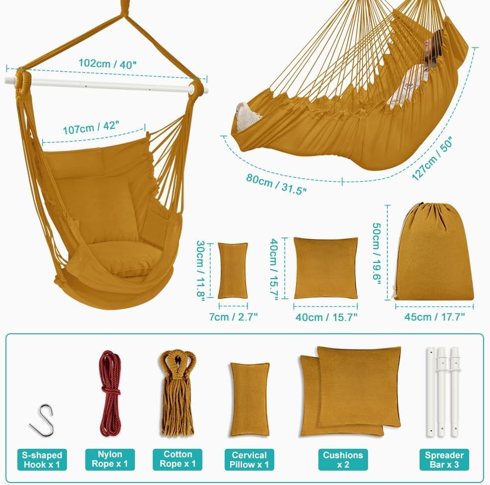 Image of Outerman Hammock Chair, Hanging Chair with 3 Cushions and Foot Rest Support, Durable Metal Spreader Bar Max 500Lbs, Swing Chair for Bedroom, Indoor & Outdoor, Patio, Porch or Tree（Khaki）