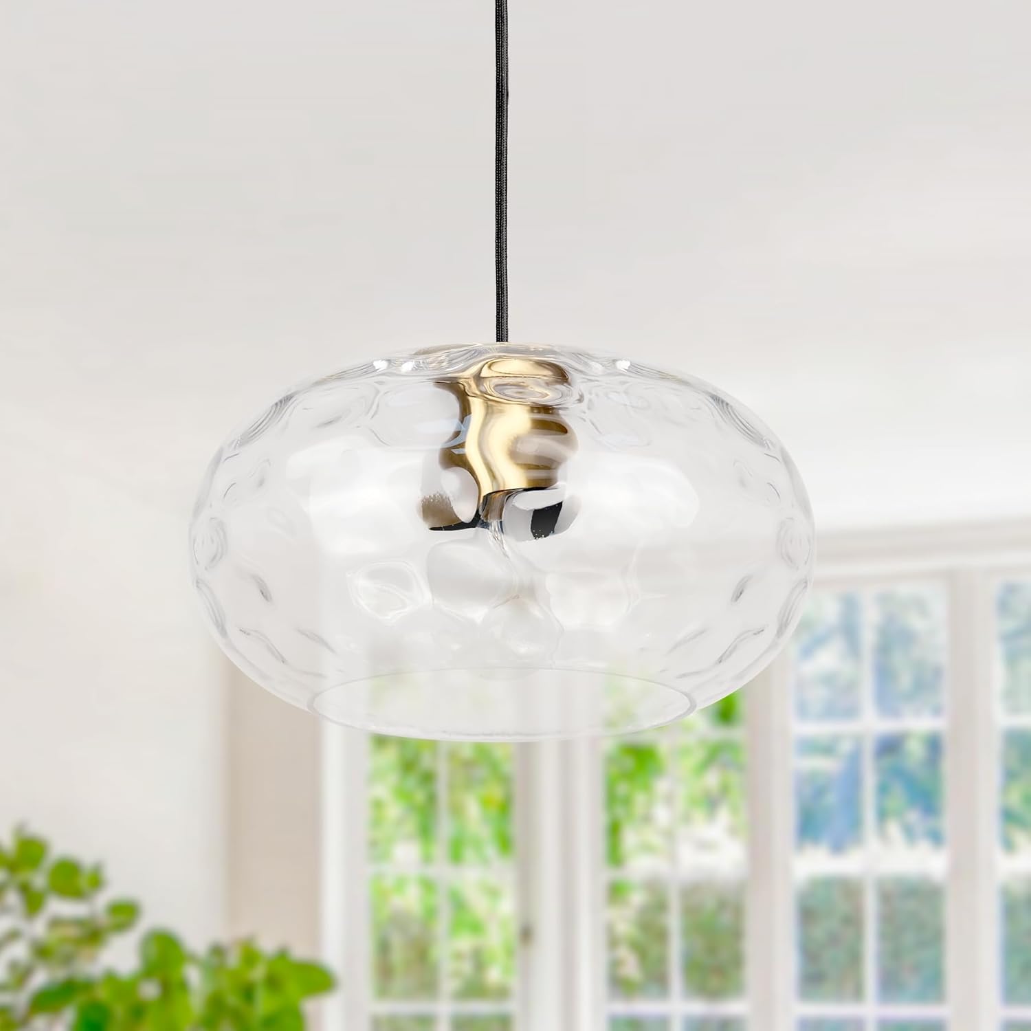 Clear Glass Pendant Lighting, 11" Hammered Lampshade Hanging Lamp, 1-Light Brass Gold Chandelier for Dining Living Room Kitchen Island