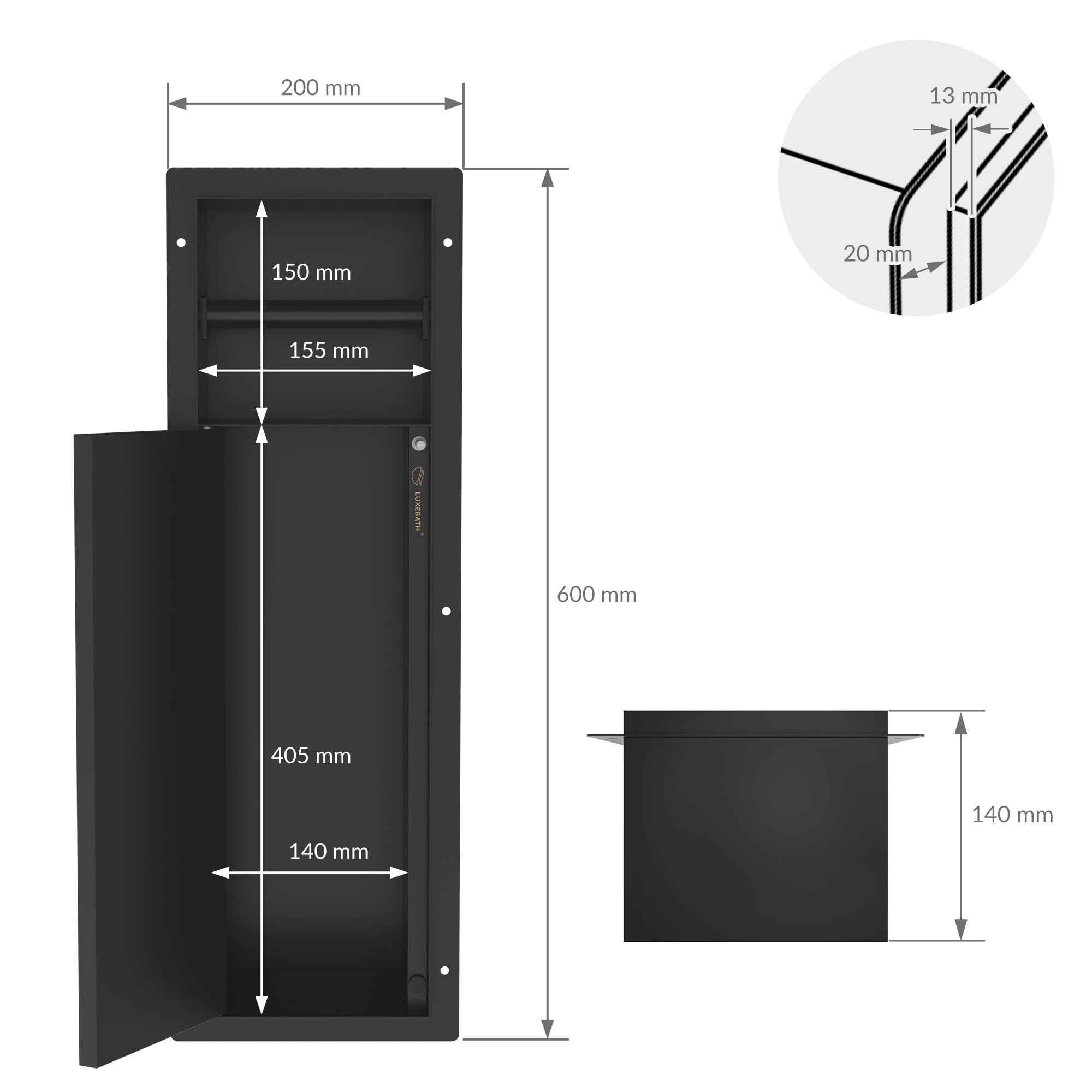 LuxeBath dolt Skåpmodul i rostfritt Stål för wc-borstgarnityr, svart, 60x20x14 cm Badrumsskåp med toalettpappershållare, inbyggt Skåp med toalettborste, kaklad, nadaje sie do ukladania plytek