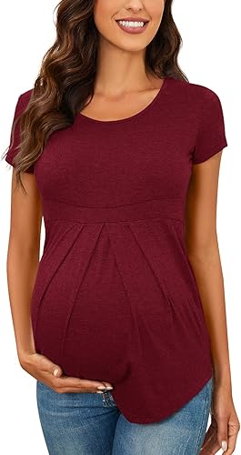 Escaco Camisetas de maternidad de manga corta para mujer, cuello redondo, plisado frontal, peplum, camiseta casual para embarazo