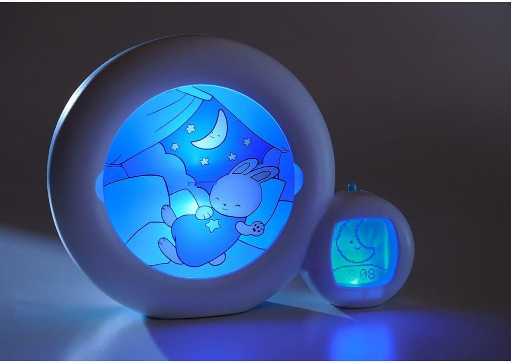 Pabobo Moon 5-in-1 Day-Night Educational Alarm Clock with blue night light, showing a sleeping rabbit