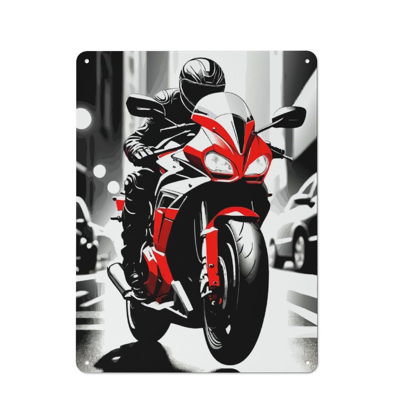 Junmoney Red Motorcycle Rider In Cityscape Tin Wall Plaque 40X30cm With For Bar Or Restaurant, Housewarming Present For People Styling Bar And Restaurant