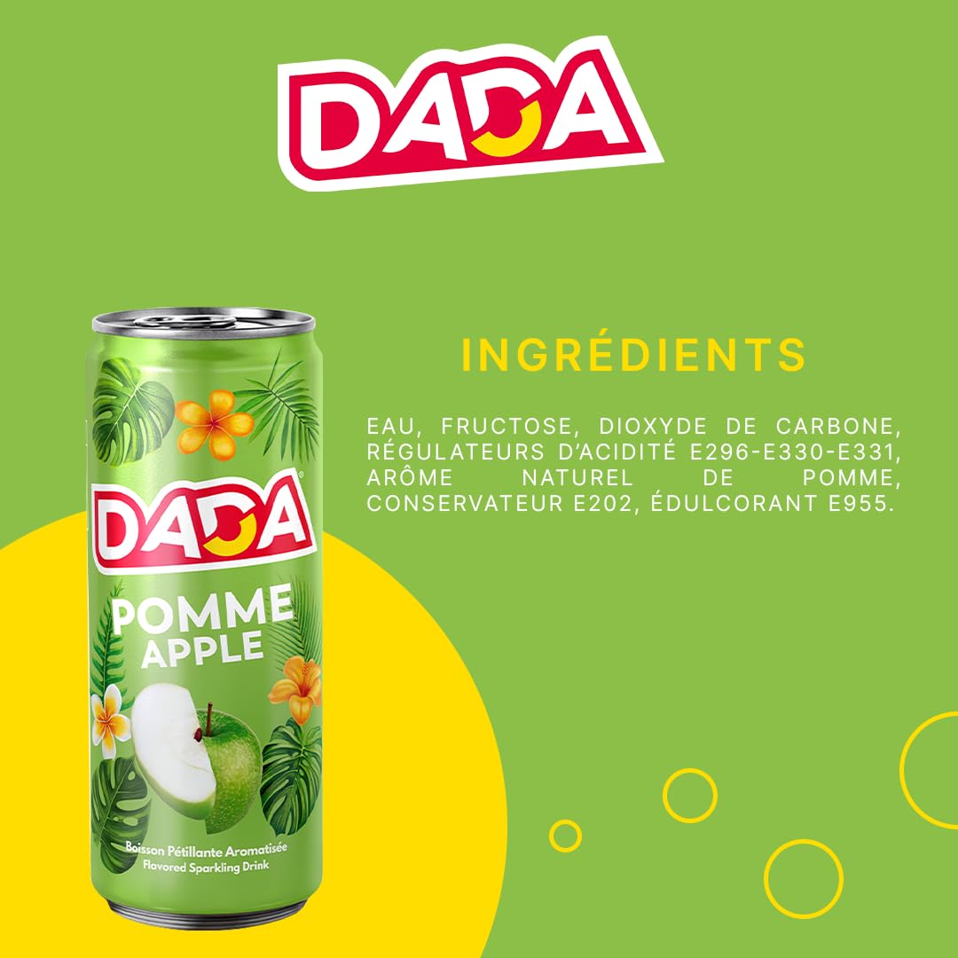 DADA Boisson Gazeuse Saveur Pomme, Canette 33cl, Lot de 24
