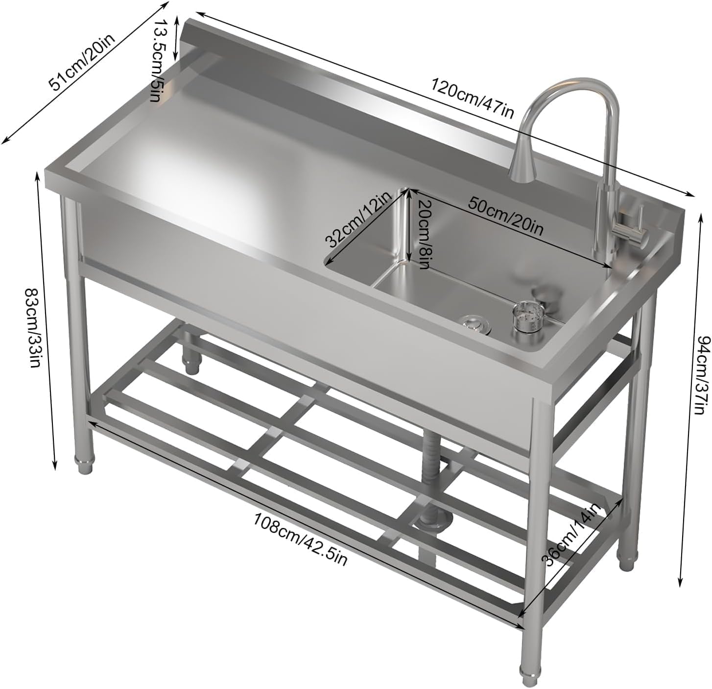 47"x37"x42.5" Stainless Steel Utility Sink, Freestanding Single Bowl with Hot & Cold Water Faucet, Commercial Kitchen Laundry Bathroom Garage Garden Sink