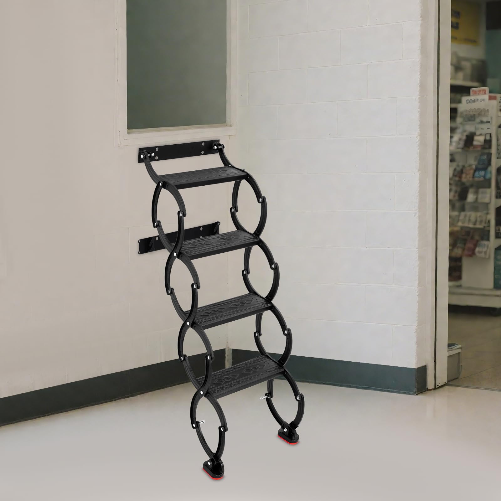 Escalera plegable extensible de 4 peldaños montada en la pared con peldaños antideslizantes, escalones telescópicos, para ático, garaje, sótano, negro, capacidad de carga 200 kg