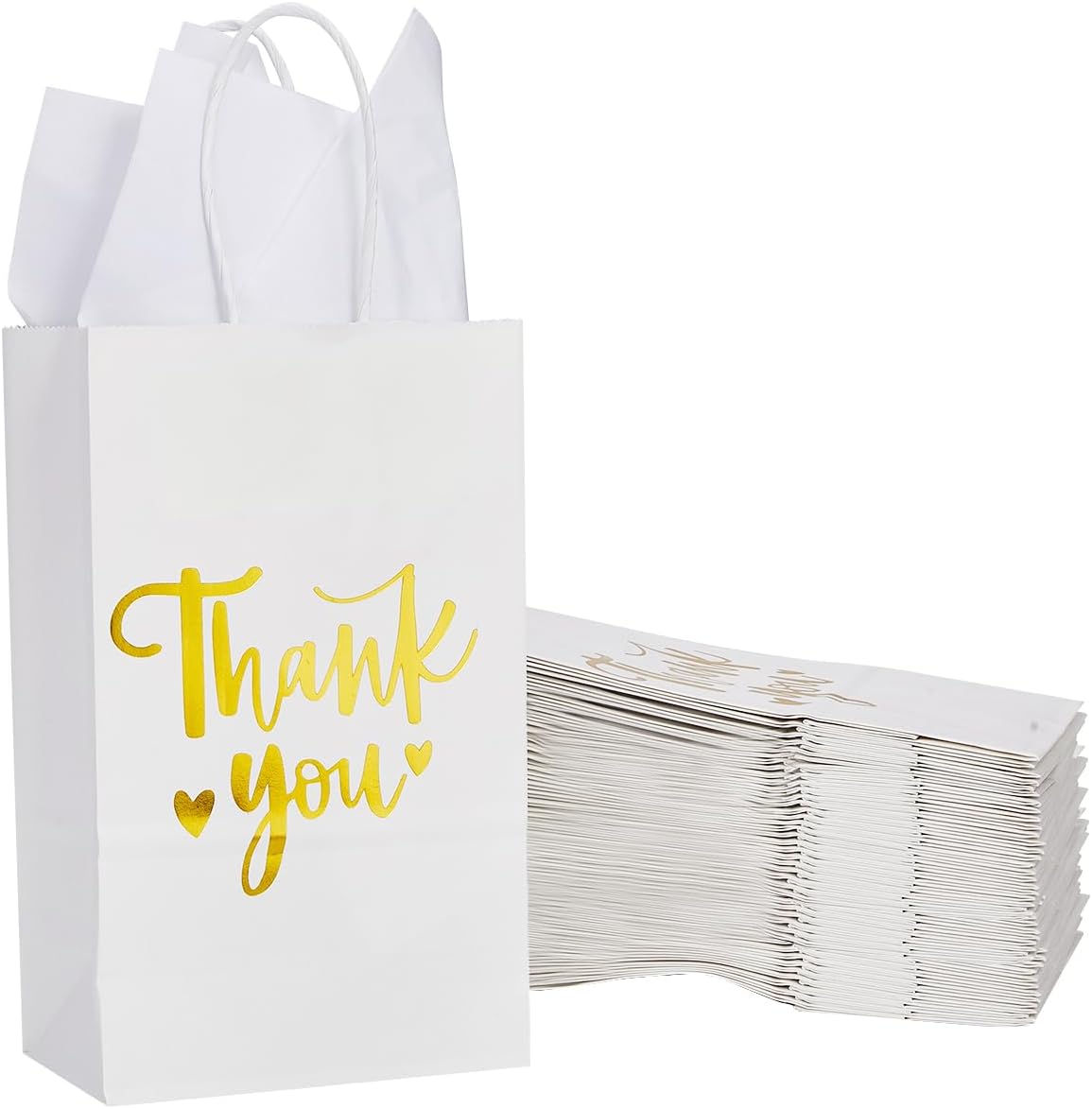 DjinnGlory 50 Pack Small White & Gold Foil Thank You Paper Gift Bags with Handles 9 x5.5 x3.15 Inch and 50 Tissue Paper for Wedding Baby Shower Birthday Mother's Day Graduation Favors Goodies