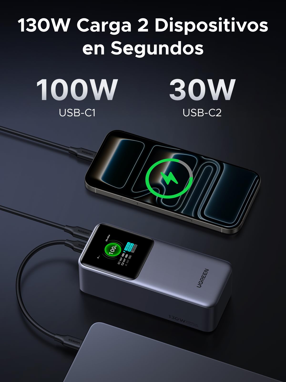 UGREEN Nexode Pro 130W Power Bank 20000mAh Batería Externa USB C PD 100W | Carga Rápida, 3 Puertos 2C1A, Pantalla TFT, Cargador Portátil PC, Compatible con iPhone 17 16 15 Galaxy S26 S25 MacBook iPad
