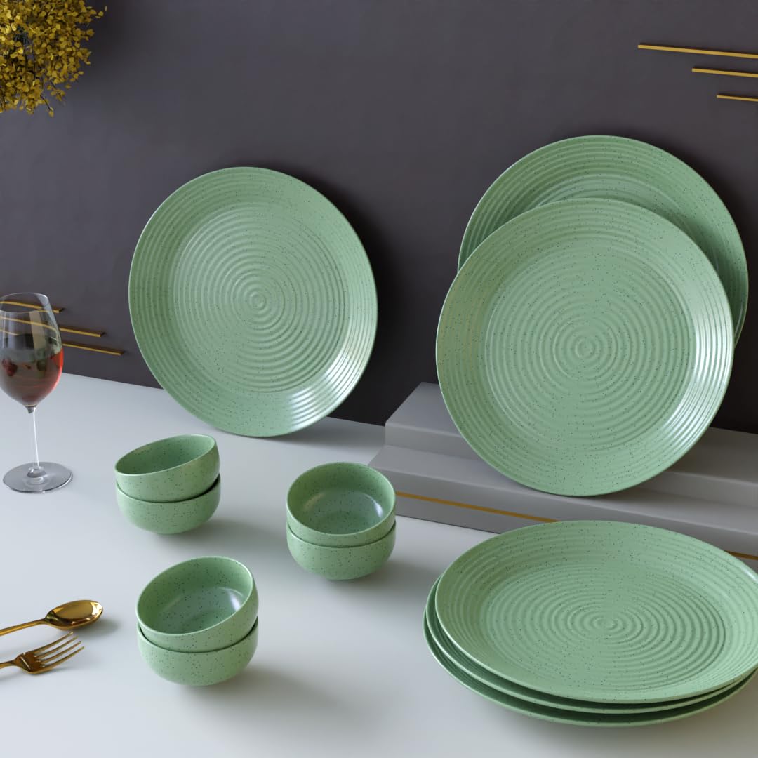 The Earth Store Spiral Green Set of 12 Piece Ceramic Dinner Set, 6 Full Dinner Plates, 6 Vegetable Bowls | Microwave & Dishwasher Safe | Ceramic Plate | Katori (B0D3VDM73H) Amazon Price History, Amazon Price Tracker
