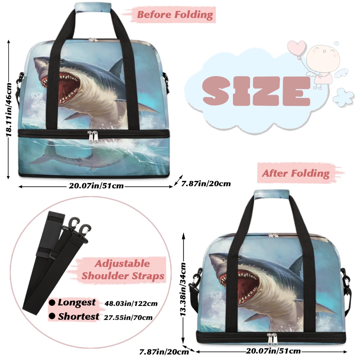 Sea Shark - Bolsa de viaje plegable con diseño de tiburón blanco de 47 litros, bolsa de fin de semana con funda para carrito de transporte, bolsa de hombro separada para deportes, gimnasio, viajes,