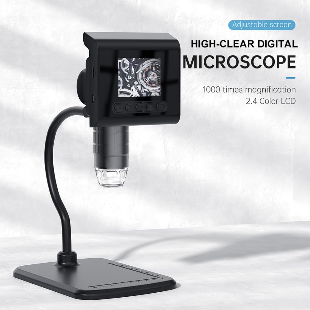 HUIOP Mikroskop cyfrowy o wysokiej przejrzystości 1080P z 2,4-calowym kolorowym wyświetlaczem LCD, 1-1000x ciągły zoom, ekran obrotowy 180 stopni, 8 regulowanych diod LED, przechowywanie na karcie TF,