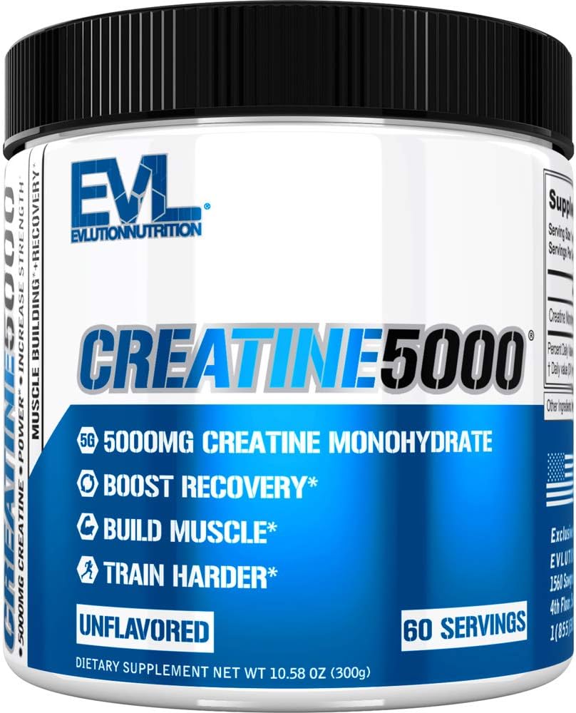 Evlution Nutrition Creatine 5000 – Supports Faster Recovery, Lean Muscle Growth & Performance – Pre & Post Workout Powder – 5000mg Pure Creatine Monohydrate Per Serving – 60 Servings – Unflavored