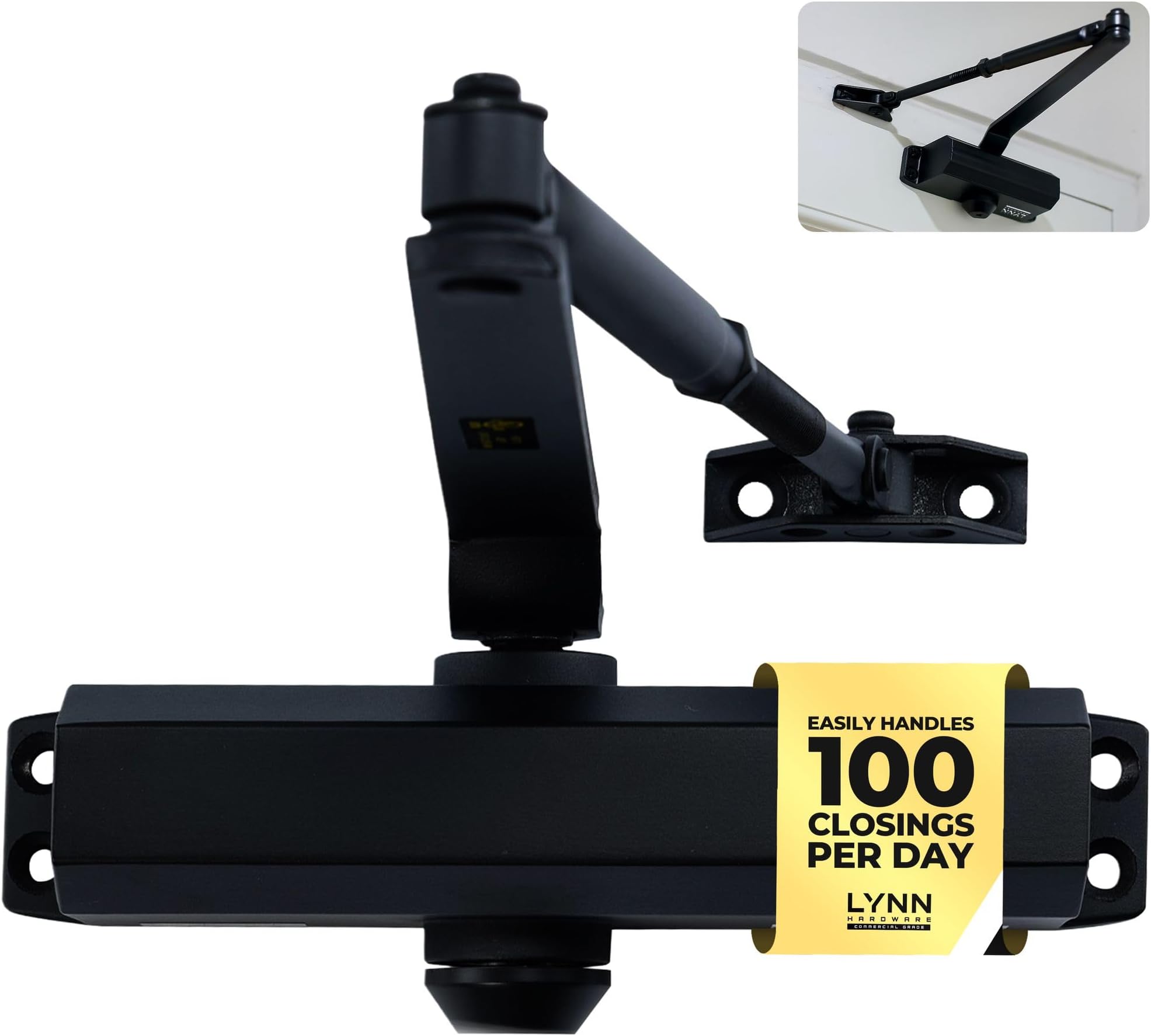 LYNN HARDWARE Medium Duty Automatic Door Closer (Matte Black) - Highly Durable Cast Aluminum, Commercial or Home Use, Adjustable Speed Controls, 3 Mounting Options, 3 Hour Fire Rated (DC6003 Model)