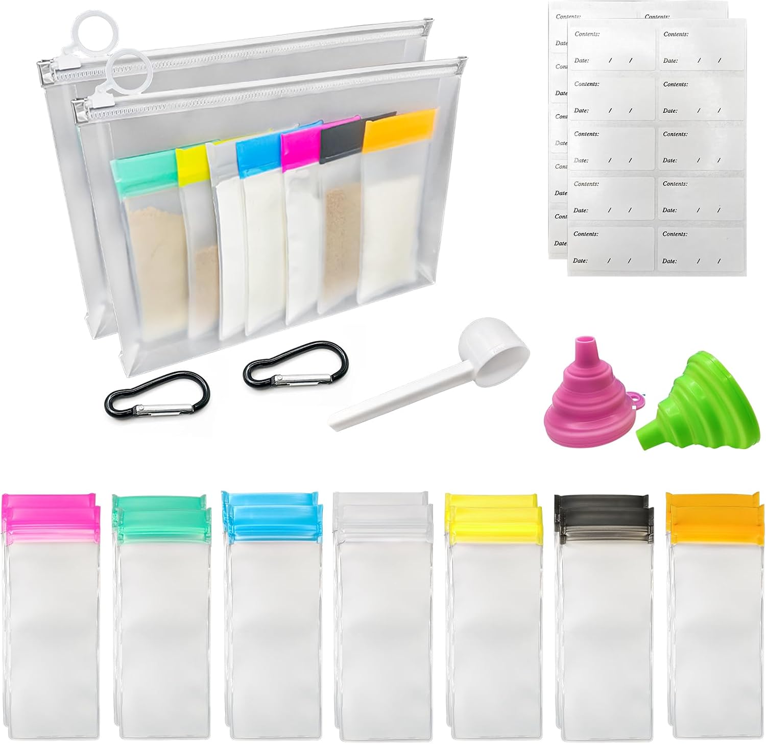 14PCS Protein Powder Travel Container Set, Reusable Powder Supplement Container To Go Reusable Protein Powder Bags and 2pc Large Standable Zip Bags for Workout, Fitness, Travel
