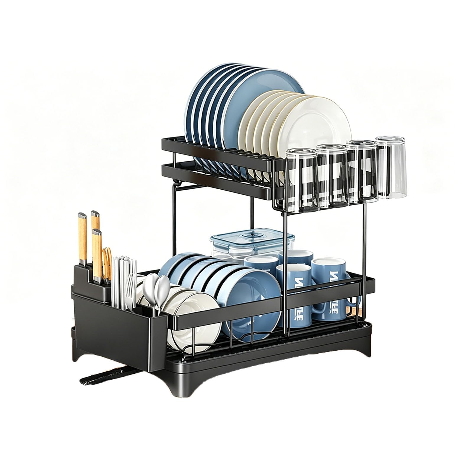 TBATM Dish Drying Rack, Rustproof Carbon Steel Kitchen Dish Rack With Utensil Holder & Pull Out Drain Tray For Countertop Sink Side Storage,Black,B
