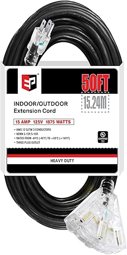 EP Cable de extensión iluminado para exteriores de 50 pies con 3 tomas de corriente eléctrica - Cable de extensión negro resistente SJTW 123 con