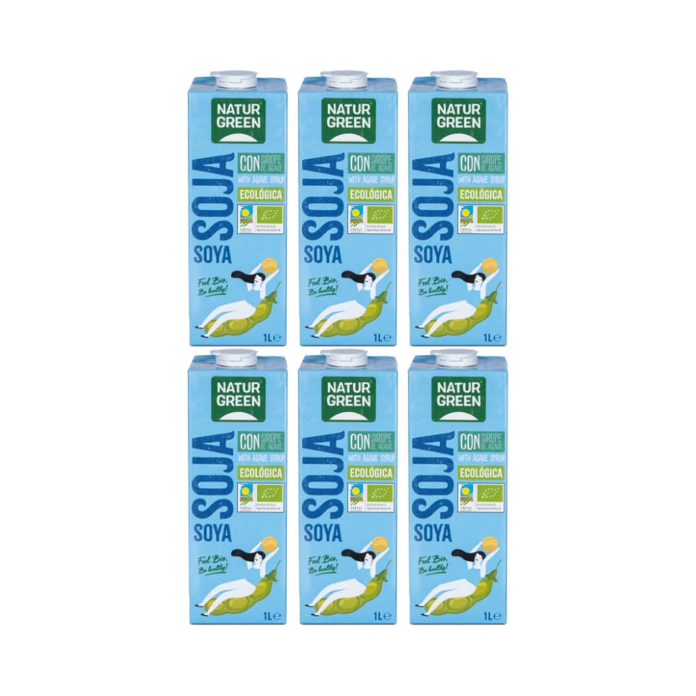 NaturGreen - Soja con Sirope de Agave BIO, Bebida de Soja Ecológica, Bebida Vegetal, Ingredientes Procedentes de Agricultura Ecológica, Sin Gluten, Sin Lactosa, Sin Huevo, Pack 6 Unidades de 1 L