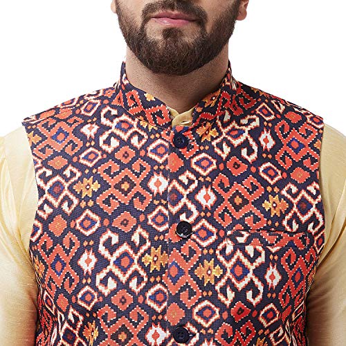 Image of SOJANYA (Since 1958 Men's Silk Blend Gold Kurta Pyjama & Printed Nehrujacket Combo