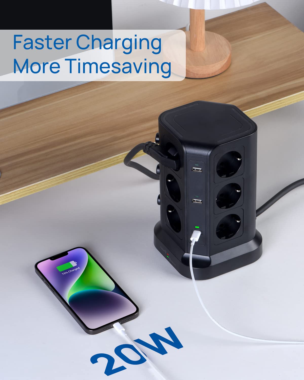 2 Porte [20W USB-C] KOOSLA Ciabatta Multipresa Verticale con 12 Prese e 2 Porte USB-C supporta QC/PD3.0 e 4 USB A, Multipresa con interruttori indipendenti ideale per tavolo, ufficio e casa,2M, Nero