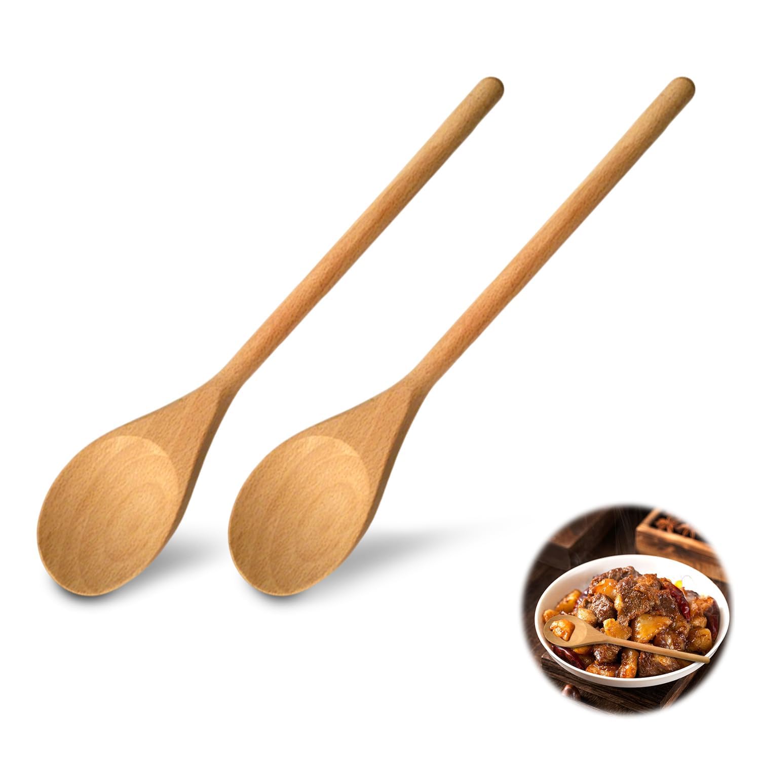 2Pcs Wooden Spoons for Cooking, Long Handle Wooden Spoons, Natural Wood Long Handle Round Spoons, Wooden Cooking Spoon, Cooking Spoon Wooden, for SoupCooking Mixing Stirrer Kitchen Tools Utensils