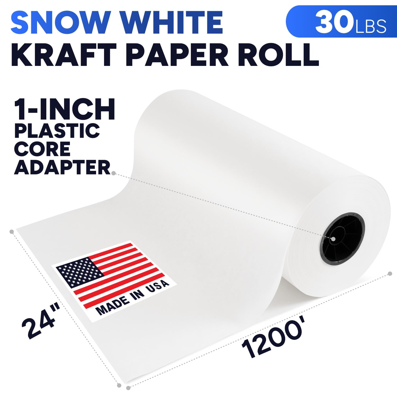 Grand rouleau de papier cadeau blanc de 61 cm x 300 m, qualité standard de 13,6 kg – Fabriqué aux États-Unis – Convient aux distributeurs industriels – Idéal pour l'emballage, le remplissage