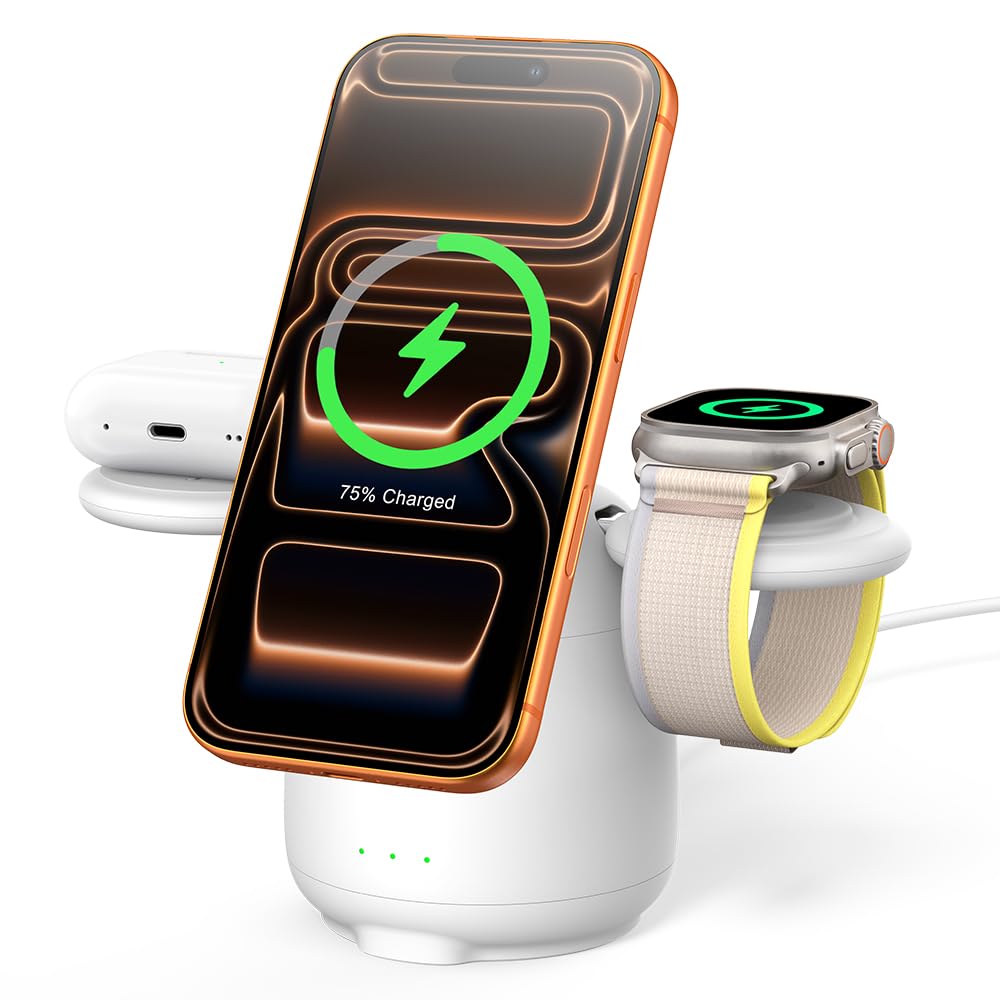 Magnetyczna Stacja Ładująca do iPhone 17, 3-w-1 Bezprzewodowa Ładowarka do iPhone 17e/Air/17 Pro/17 Pro Max/17 16 15 14 13 12, Apple Watch 11-2/Ultra 3/2/SE 3/2 i AirPods 4/3/2/Pro, SwanScout 707M