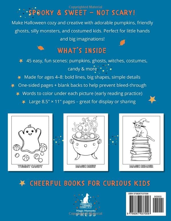 Spooky & Sweet Halloween Coloring Book for Kids Ages 4–8: 45 Easy and Fun Pages with Pumpkins, Ghosts, Costumes, and More to Color for Trick-or-Treat ... Press. Cheerful books for curious kids) image 3