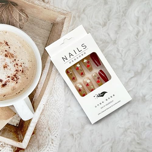 Miniatura 6 de Uñas postizas a presión de otoño medianas con hojas de arce, uñas postizas cuadradas de ballet de cobertura completa, uñas acrílicas de otoño de