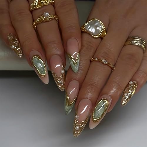 24Pcs Gold Press on Nails Medium Almond Fake Nails with