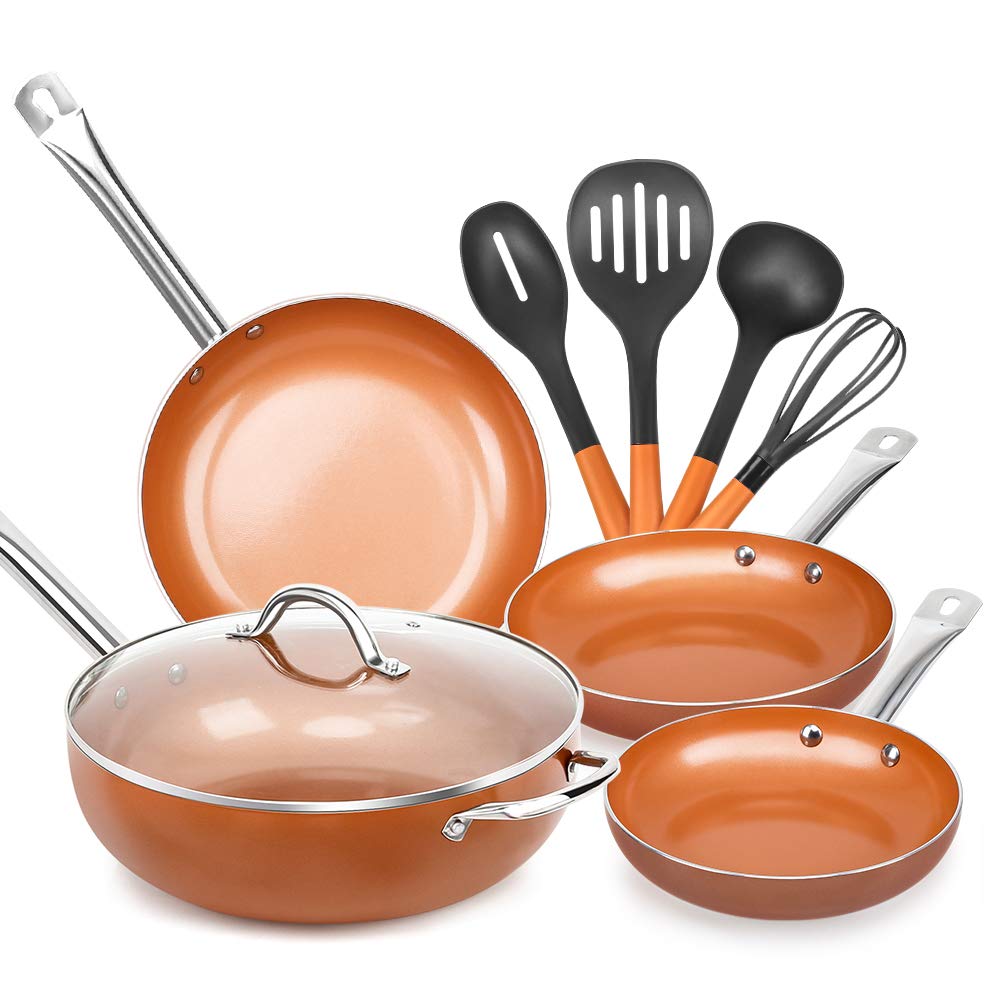SHINEURI 9 Piece Copper Nonstick Cookware Set - 8 / 9.5 /11 inch Frying Pan Set, 12 inch Woks and Stir Fry Pans with Lid, ...