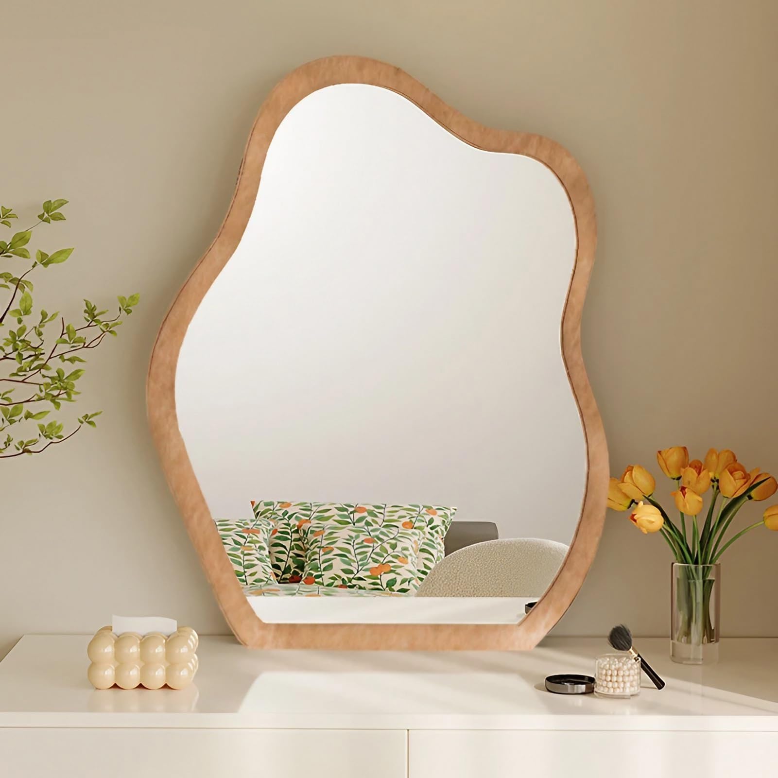 FGXHHS Irregular Wave, Asymmetrical Wall Mirror with Wooden Frame, Rustic Home Decor for Living Room Entryway Bedroom Vanity(Natural,36x56cm(14x22inch))