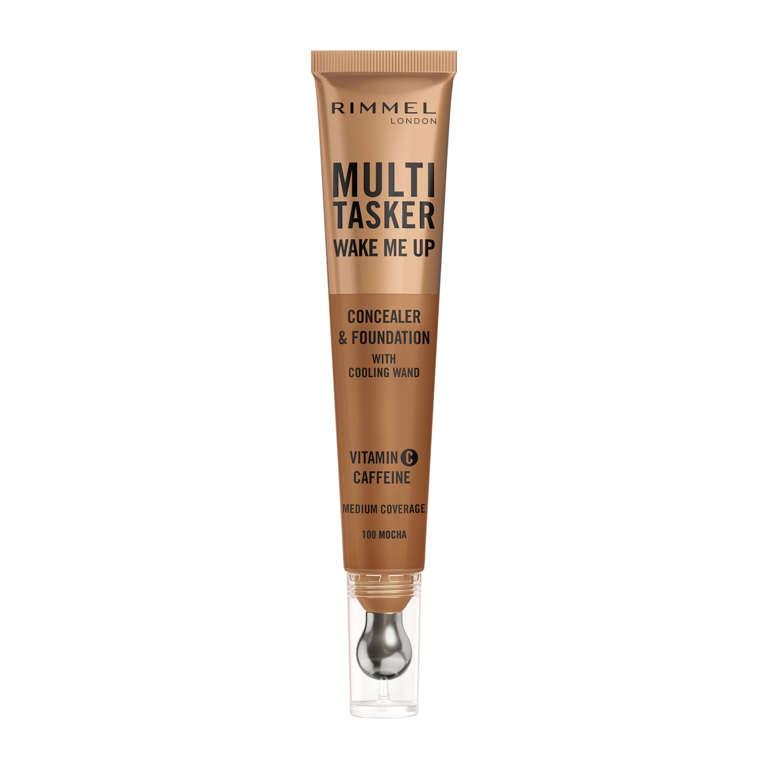 Rimmel Multi-Tasker Wake Me Up Foundation & Concealer 100 Mocha, Depuffs & Brightens Dark Circles, Metallic Cooling Applicator, Caffeine & Victamin C, 2% Niacinamide, Vegan, Cruelty free
